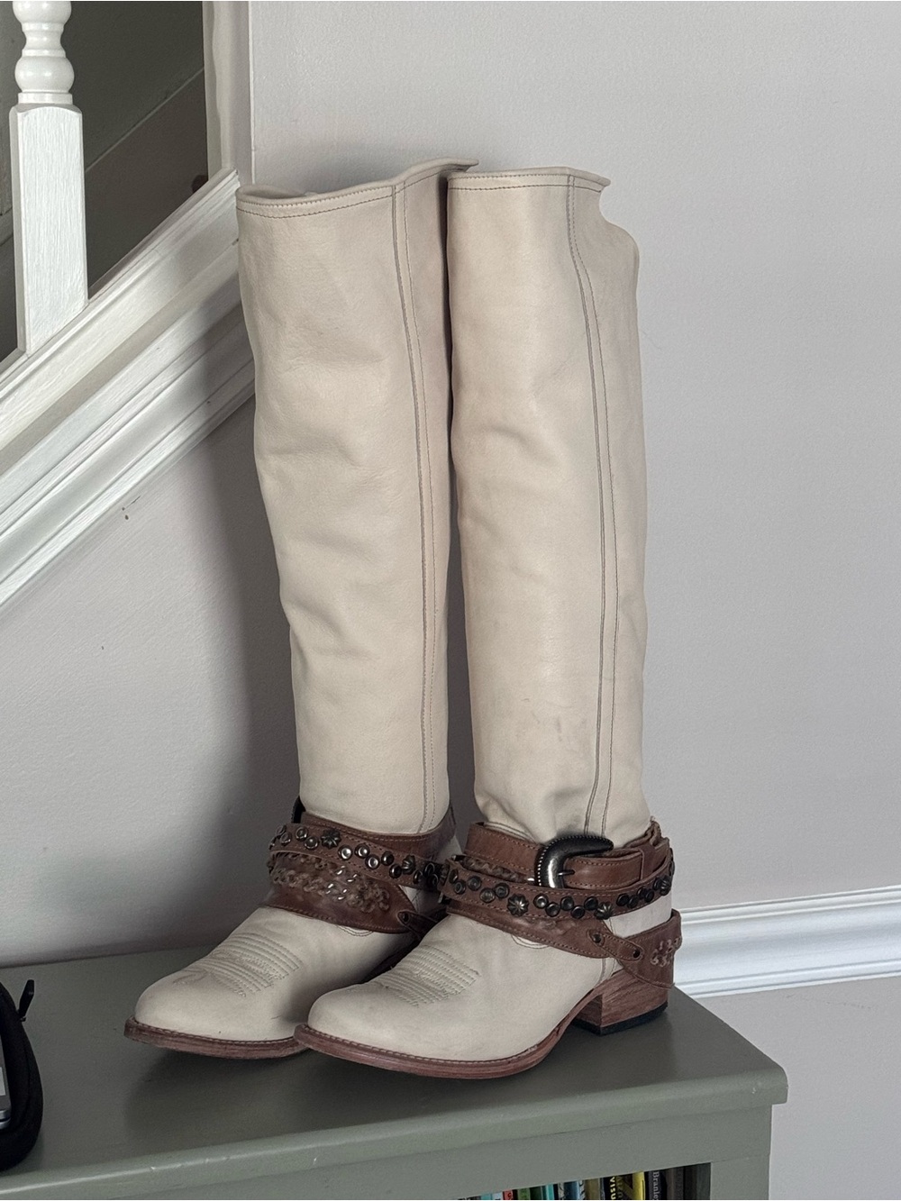 Freebird by Steven Cream Over-the-Knee Leather Boots with Brown Studded Strap